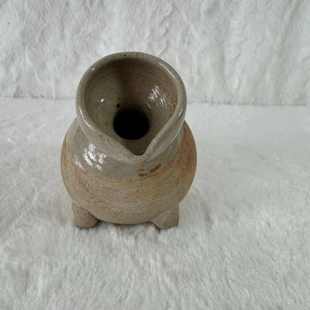 Vintage Handcrafted Ceramic Amphora Style Vase Handle Tripod Base Beige & Gray - Picture 2 of 9